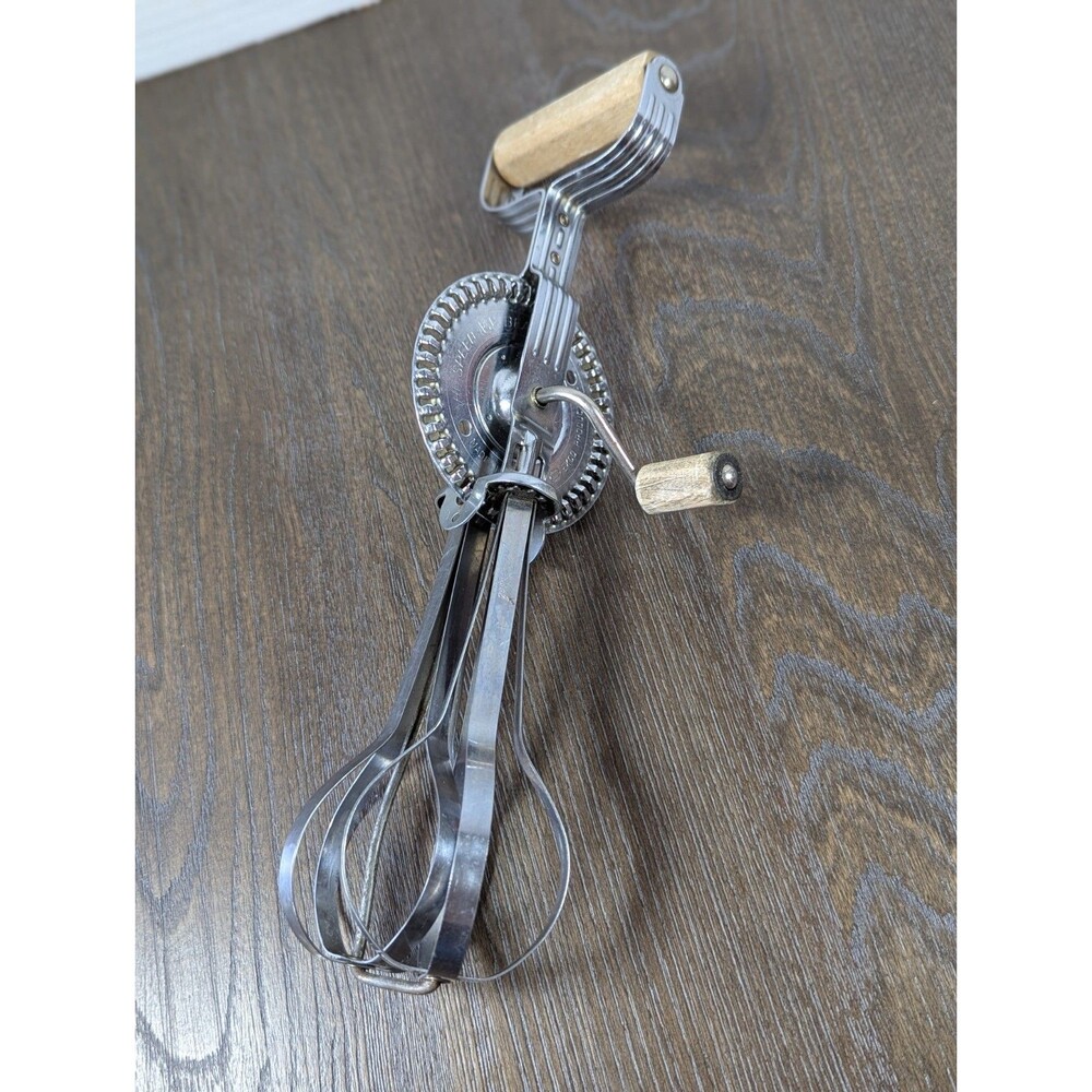 VTG A&J EKCO Hand Mixer Egg Beater Made in USA Wood Handle 12in Stainless Steel
